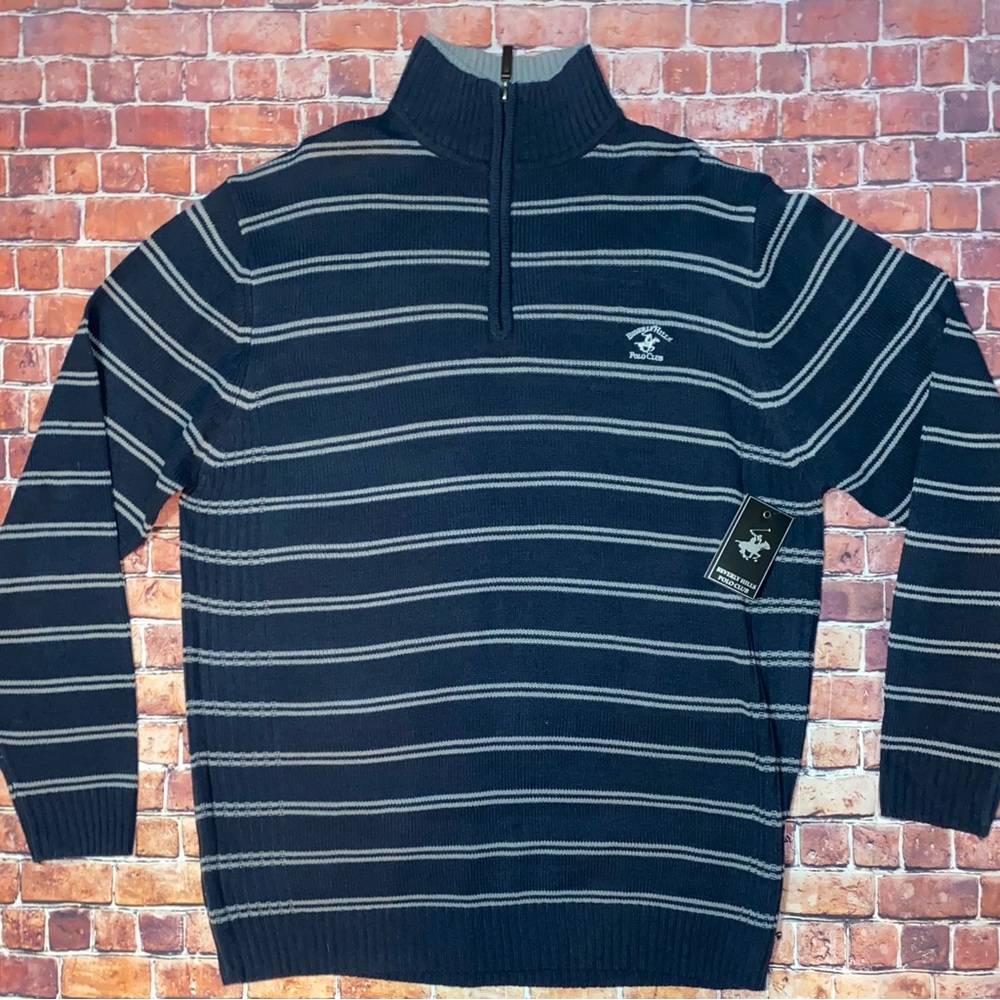 Beverly Hills Polo Club Sweater Mens 3XLT Blue Striped 1/4 Zip Mock Neck Acrylic
